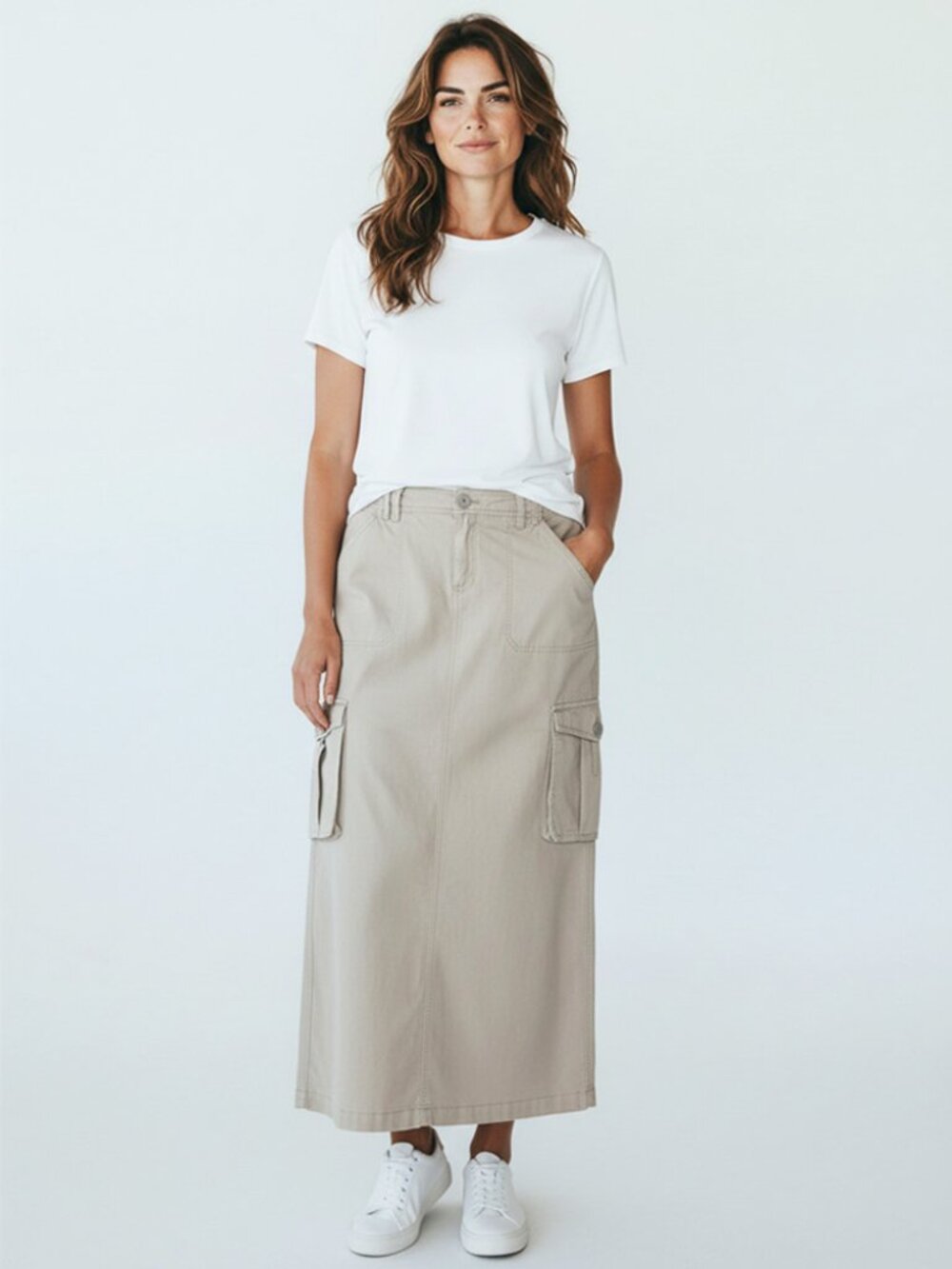 Garage Khaki Tan Cargo Cotton Maxi Skirt with Back Slit Cargo Side Pockets M